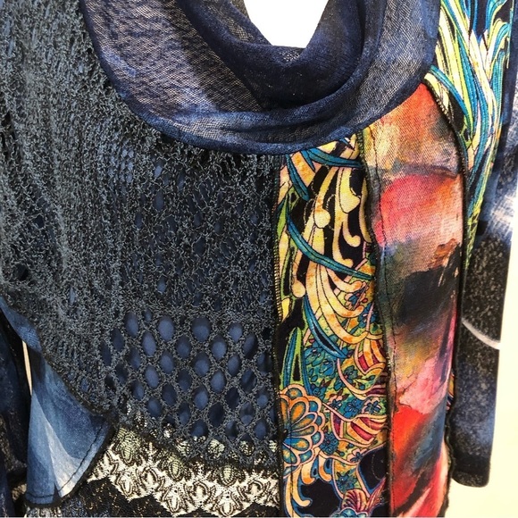 Calessa mixed media cowl neck tunic top asymmetrical hem metallic thread Size M - Picture 5 of 9